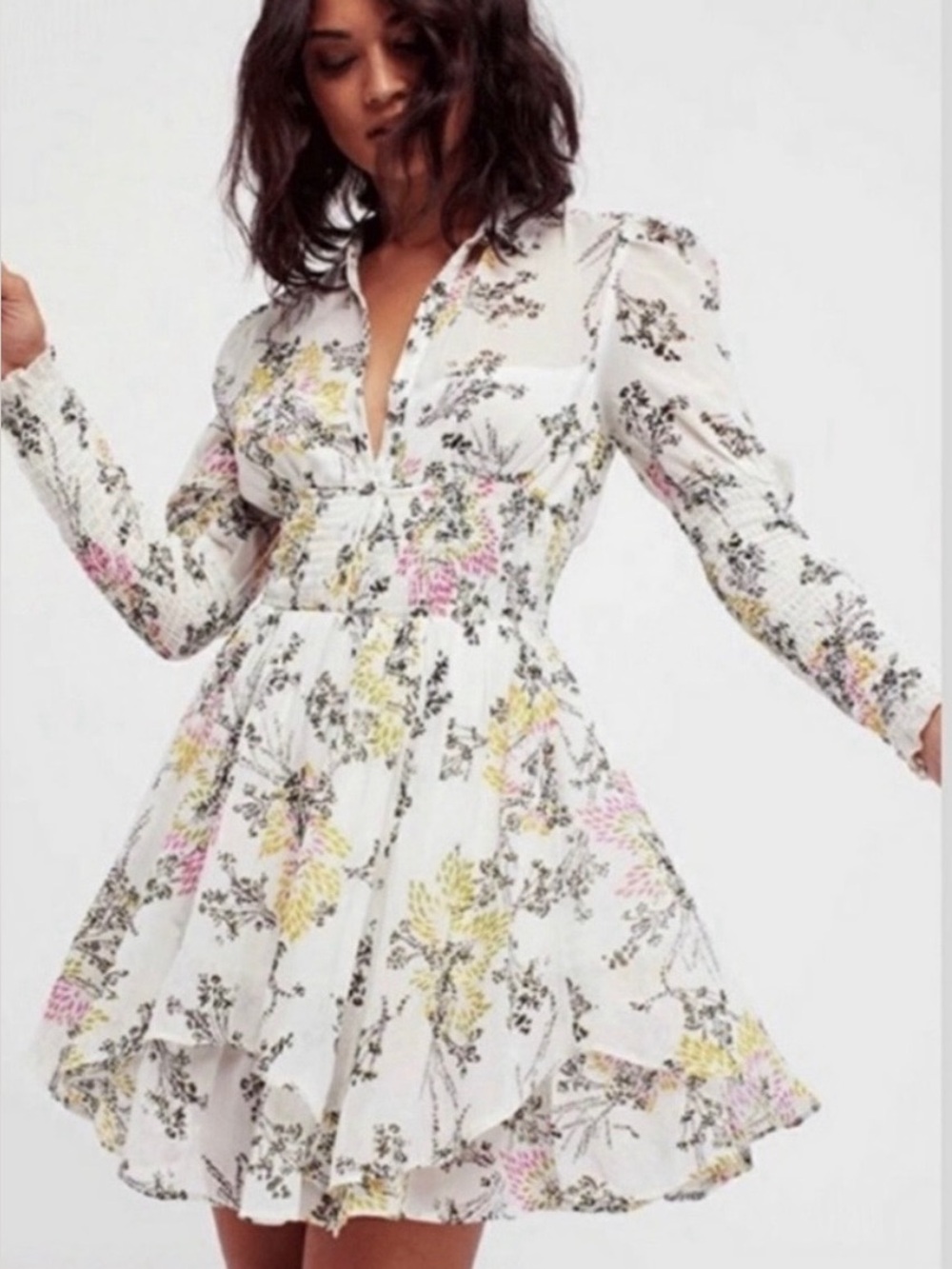 NWT Free People Sheer Floral Peasant Mini Dress Sz S Summer Fest Concert Party